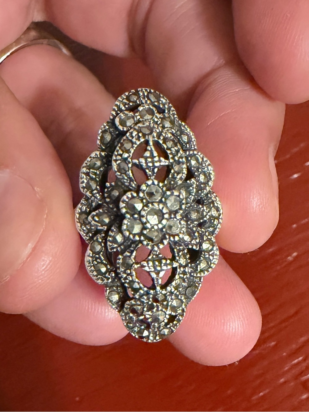 Vintage Sterling Silver Marcasite Floral Statement Ring